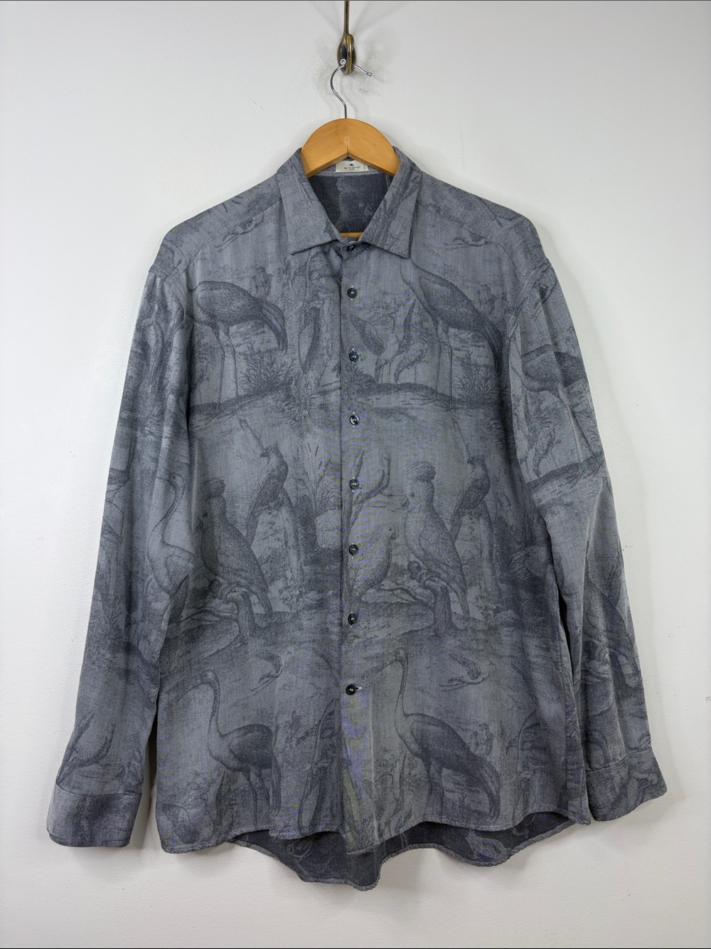Etro Shirt Mens 44 Gray Linen Cotton Long Sleeve Button Up Jacquard Animal Birds